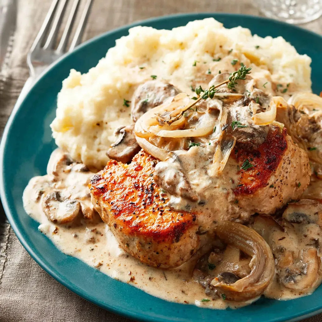 Ein Plate mit gegrilltem Steak, Mushrooms, Onions und Kartoffeln.