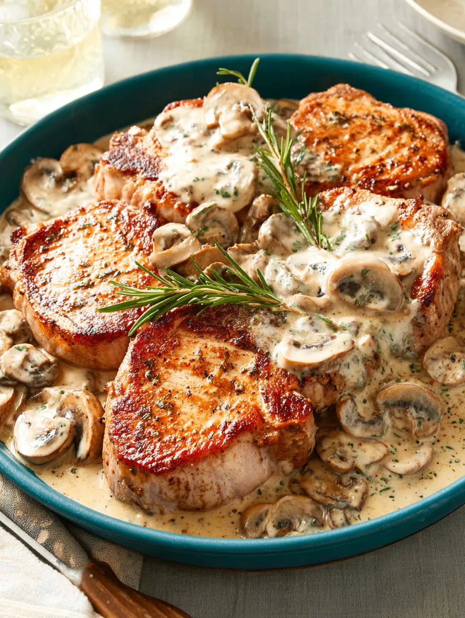 Ein Schinkenstirf in einer Sch&uuml;ssel, der mit Mushrooms und Sauce garniert ist.