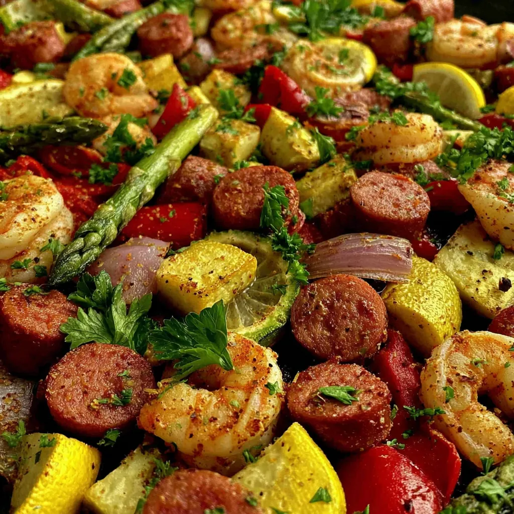 Eine große Platte mit einer Vielzahl von Gemüse und Zwiebeln, darunter Paprika, Zucchini, Tomaten, Kartoffeln, Asparagus, Zwiebeln und Shrimp.