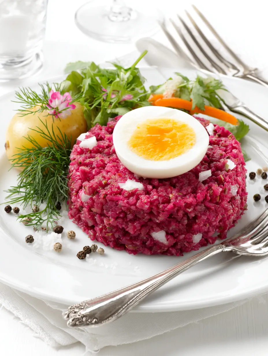 Ein weißes Teller mit einer Rührei-Ei-Mischung, die mit gerösteten Zwiebeln und Karotten garniert ist.