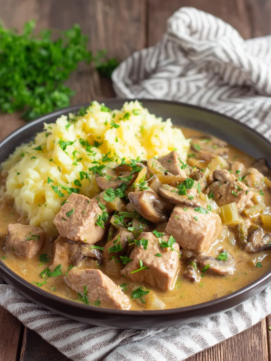 Ein Plate mit Rizinus und Kartoffeln, garniert mit Zwiebeln und Parsley.