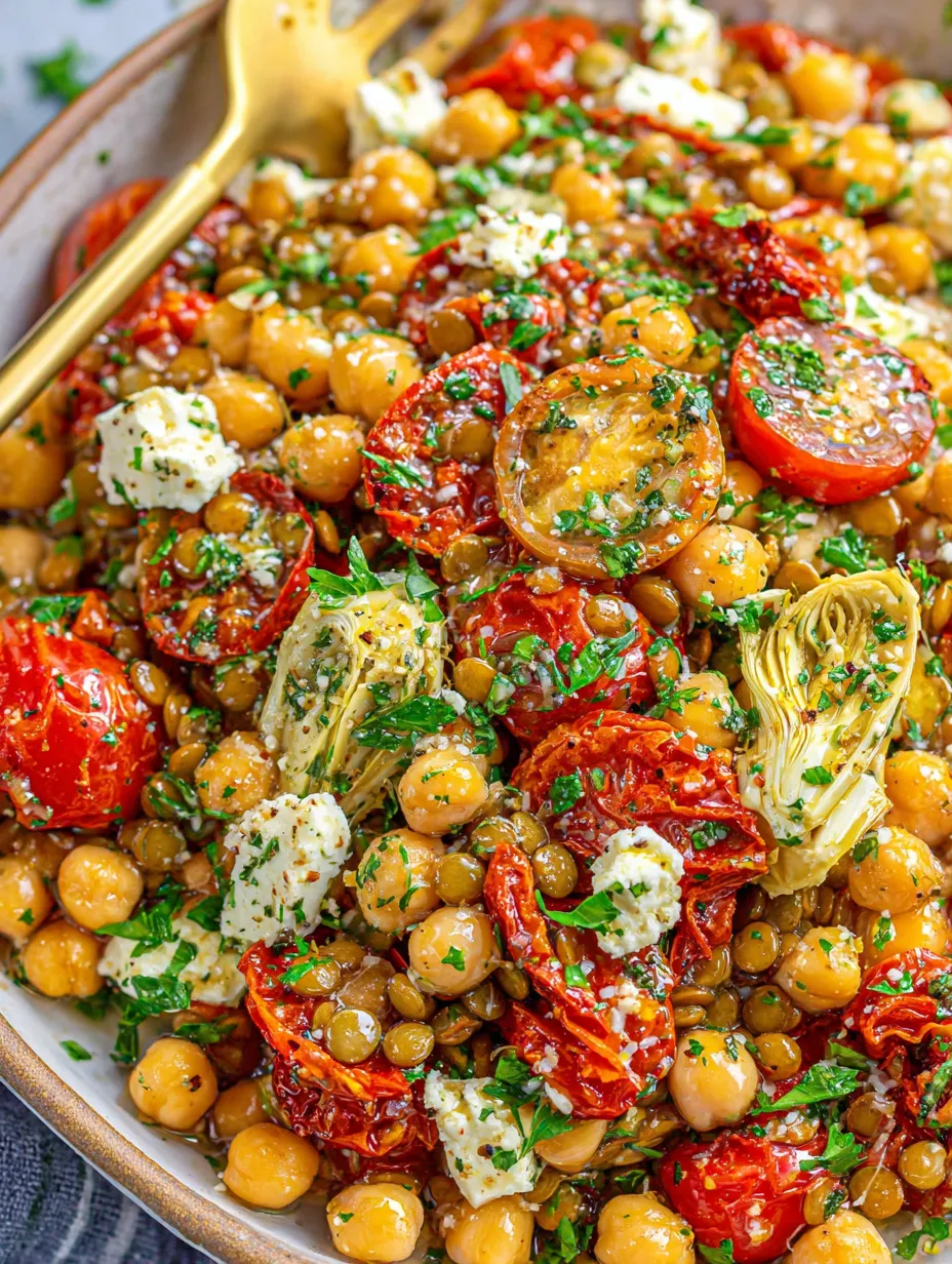Ein Bild von einer Beilage, die aus Tomaten, Linsen, Chickpeas, Zwiebeln und Feta-Käse besteht.