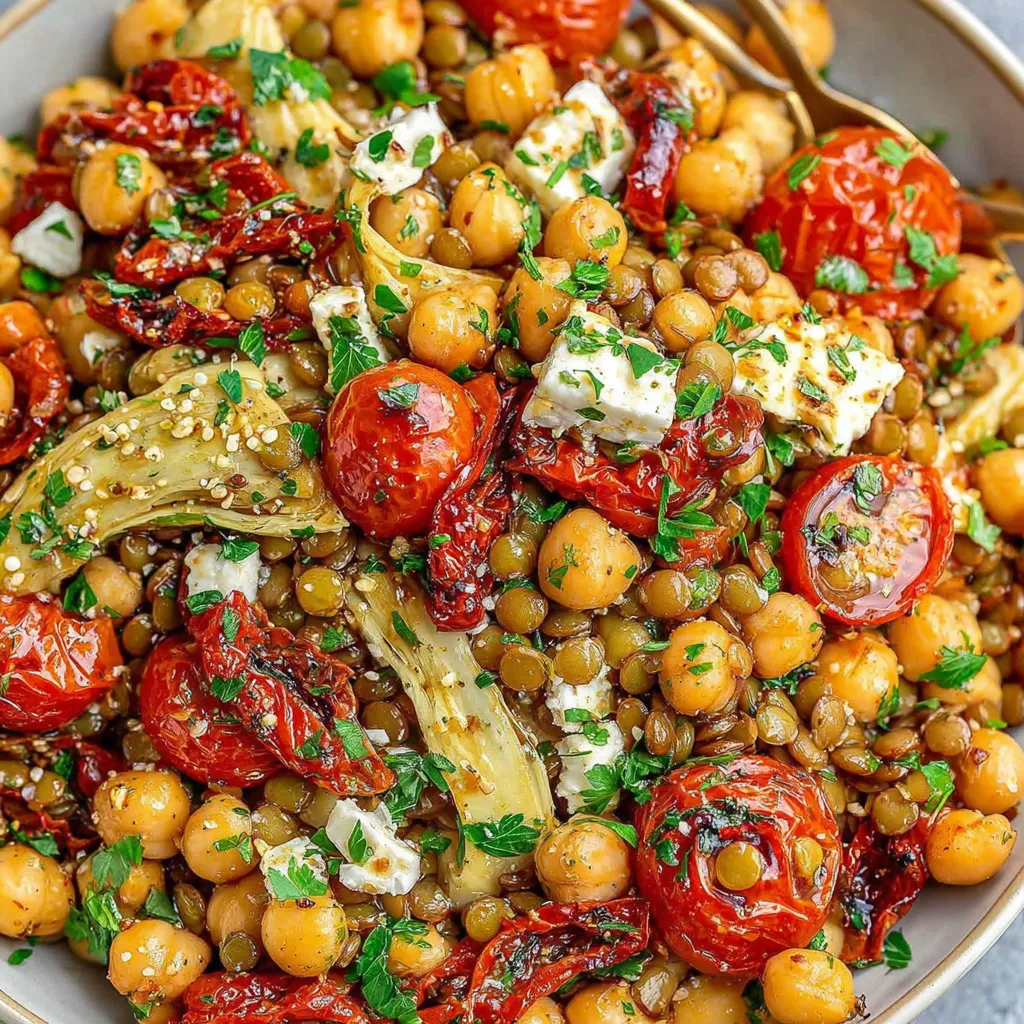 Ein großes Becherfüllen mit einer Mischung aus Tomaten, Chickpeas, Zwiebeln und anderen Gemüse.