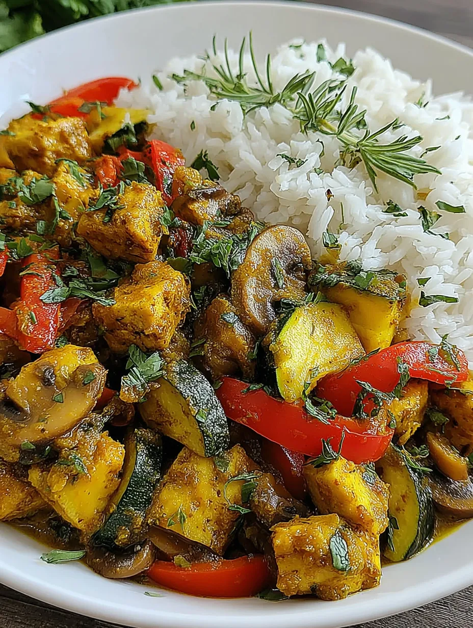 Ein weißer Teller mit einer Mischung aus Zwiebeln, Paprika, Zucchini, Kokosmelis und Rice.