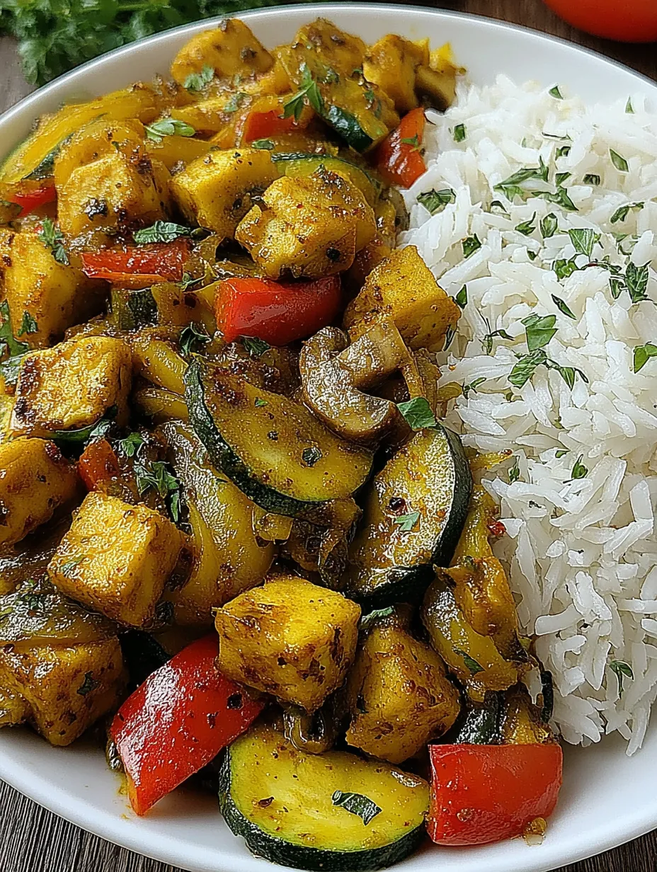 Ein Bild von einer Mahlzeit, die aus Reis, Zucchini, Paprika, Karotten und Kokosmilch besteht.