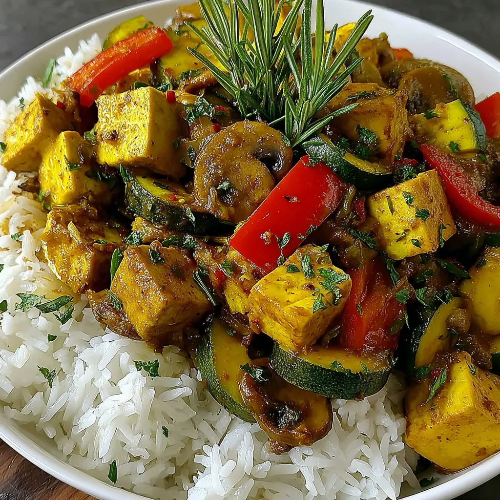 Ein weißer Teller mit Reis und Gemüse, darunter Zucchini, Paprika, Karotten und Koriander.