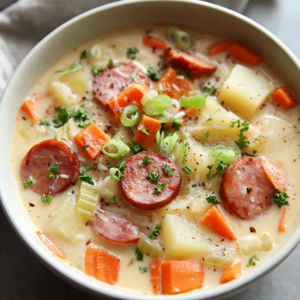 Ein weißer Teller mit einer Mischung aus Kartoffeln, Karotten, Zwiebeln und Wurst.