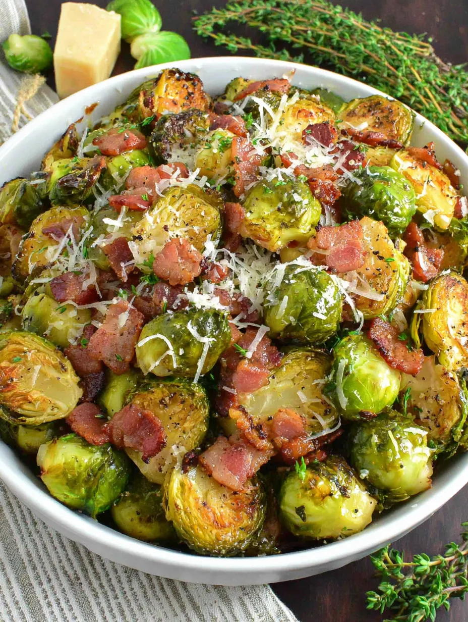 Ein großer, weißer Becher mit einer Mischung aus Bacon, Brussels Sprouts und Parmesan.