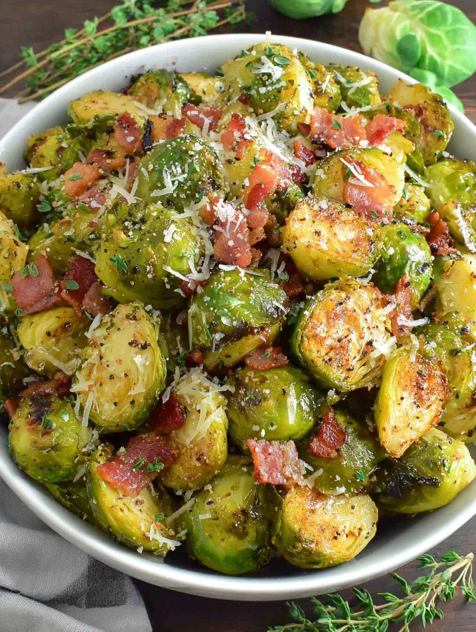 Ein weißer Teller mit einer Mischung aus Bacon, Brusselkusseln und Parmesan.