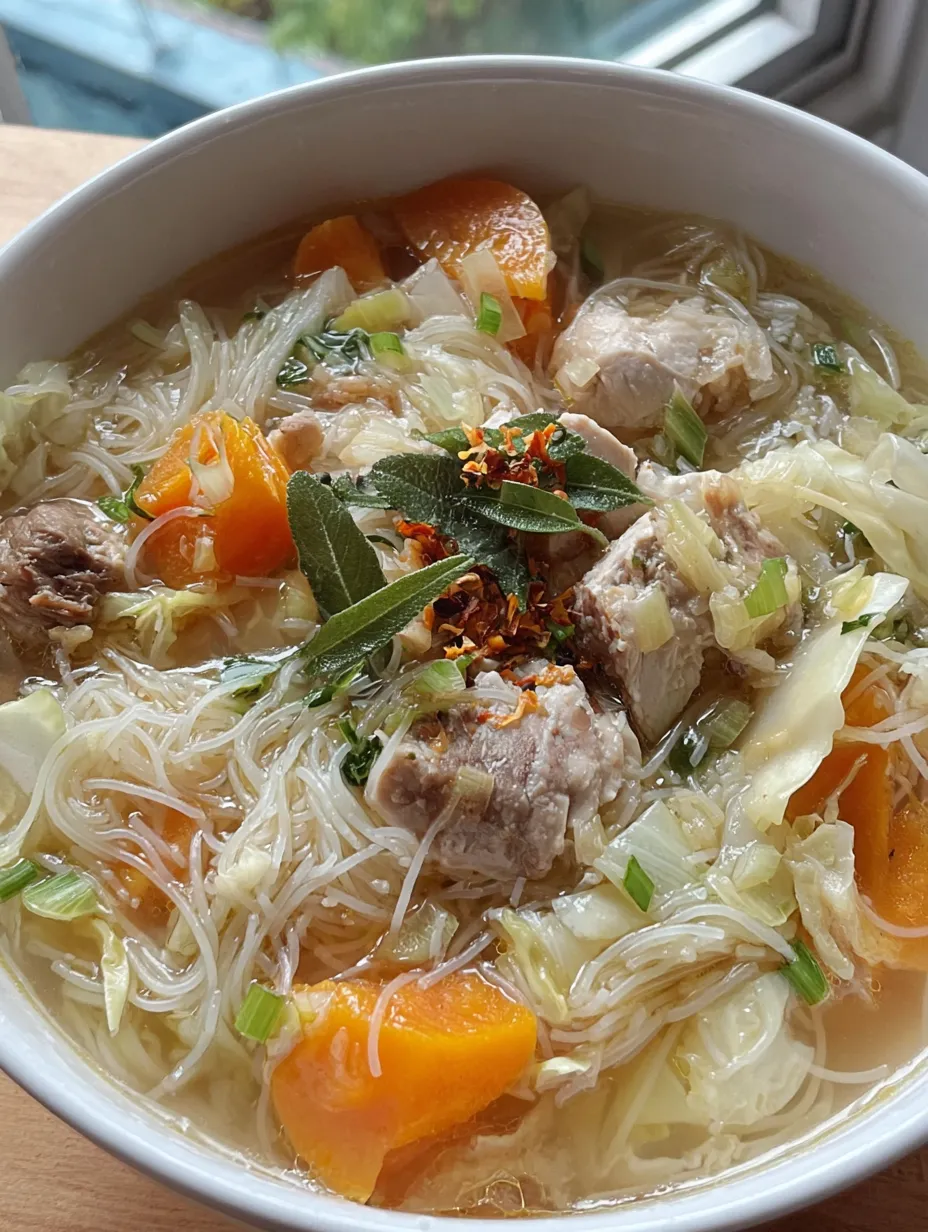 Ein weißer Becher mit einer Mischung aus Gemüse, Fleisch und Nudeln.