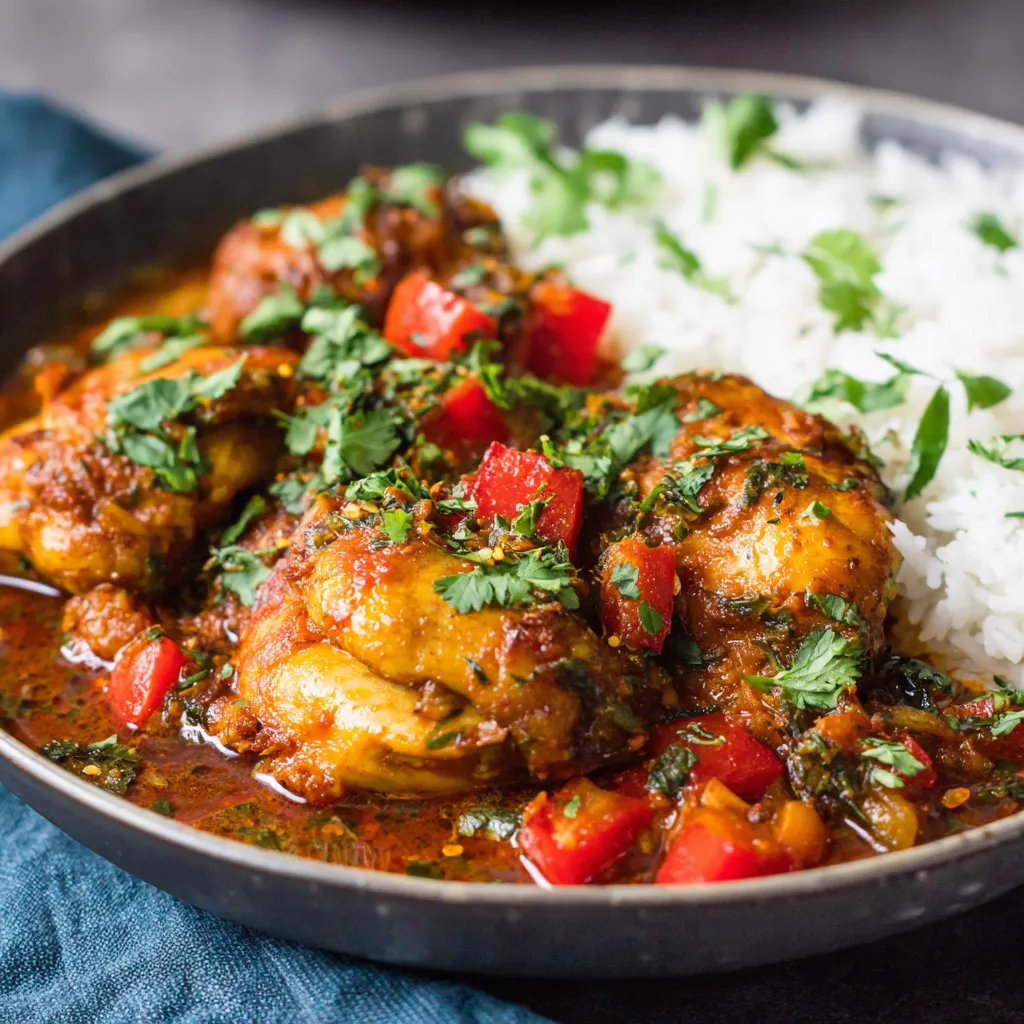 Ein Schalen mit Rice und Chicken in einer Sauce.