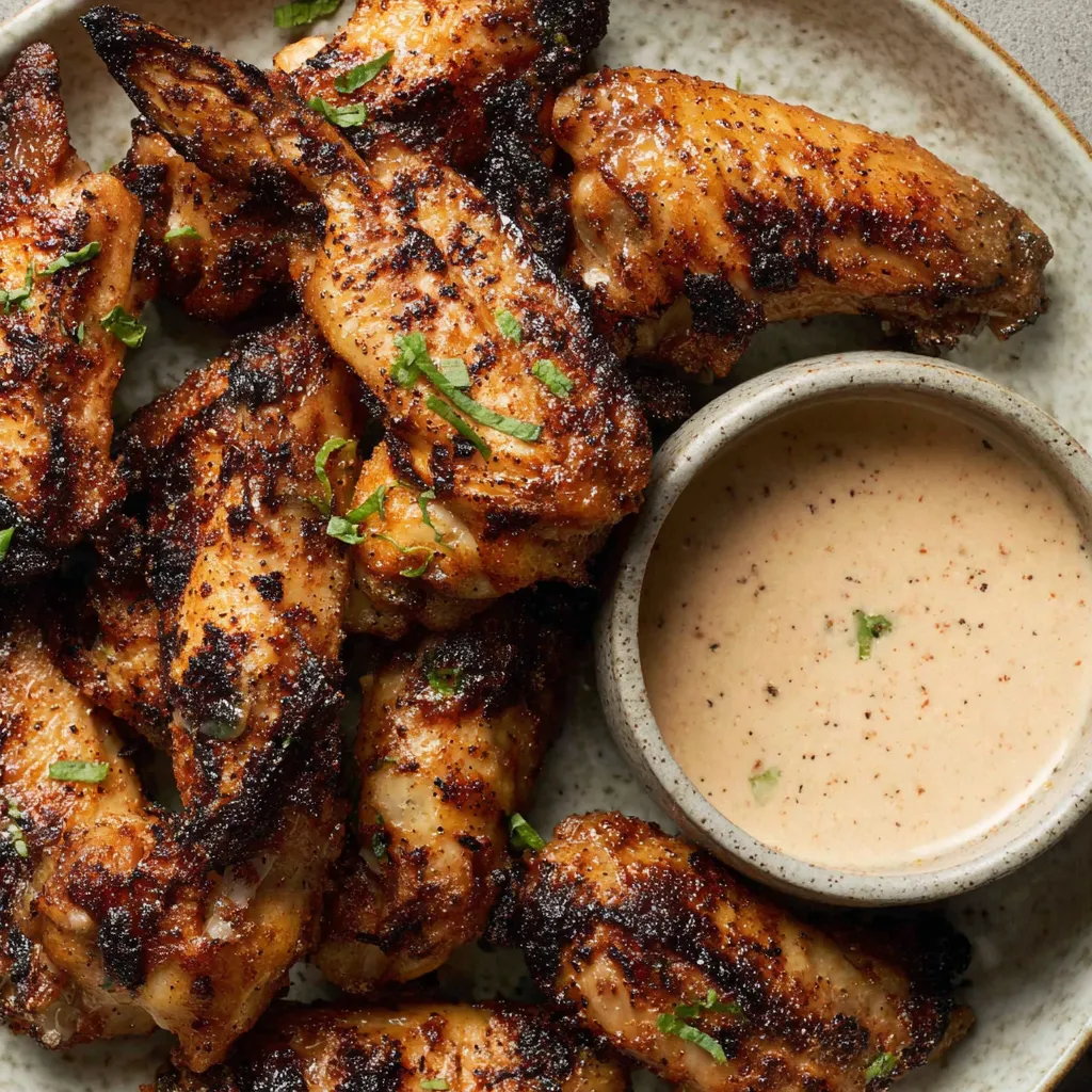 Eine Platte mit schwarzen und braunen gebratenen Chicken-Fleischstücken, die mit einer Sauce garniert sind.