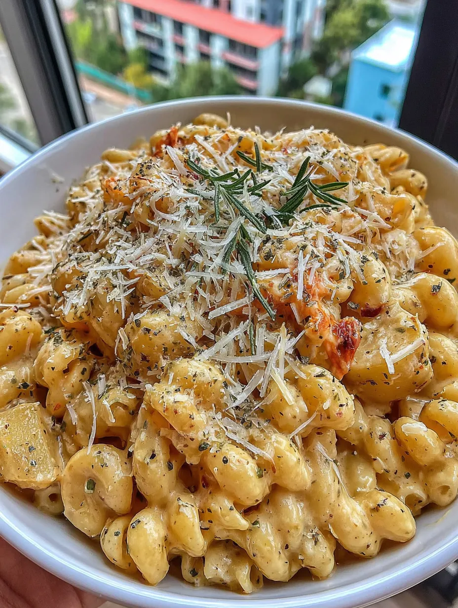 Ein weißer Teller mit macaroni und cheese, garniert mit Parsley.