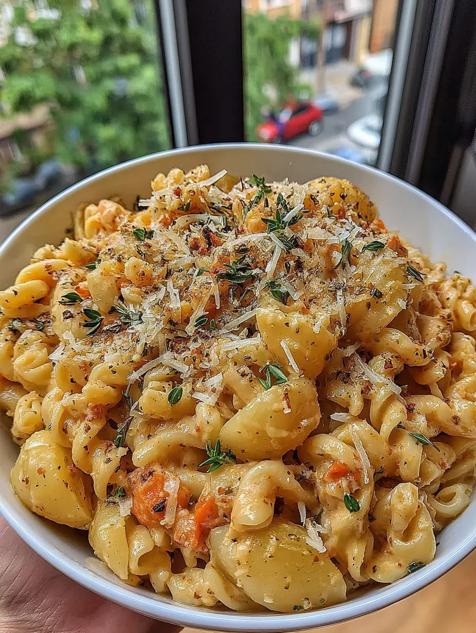 Ein weißer Teller mit macaroni und kräftigem Parmesan.