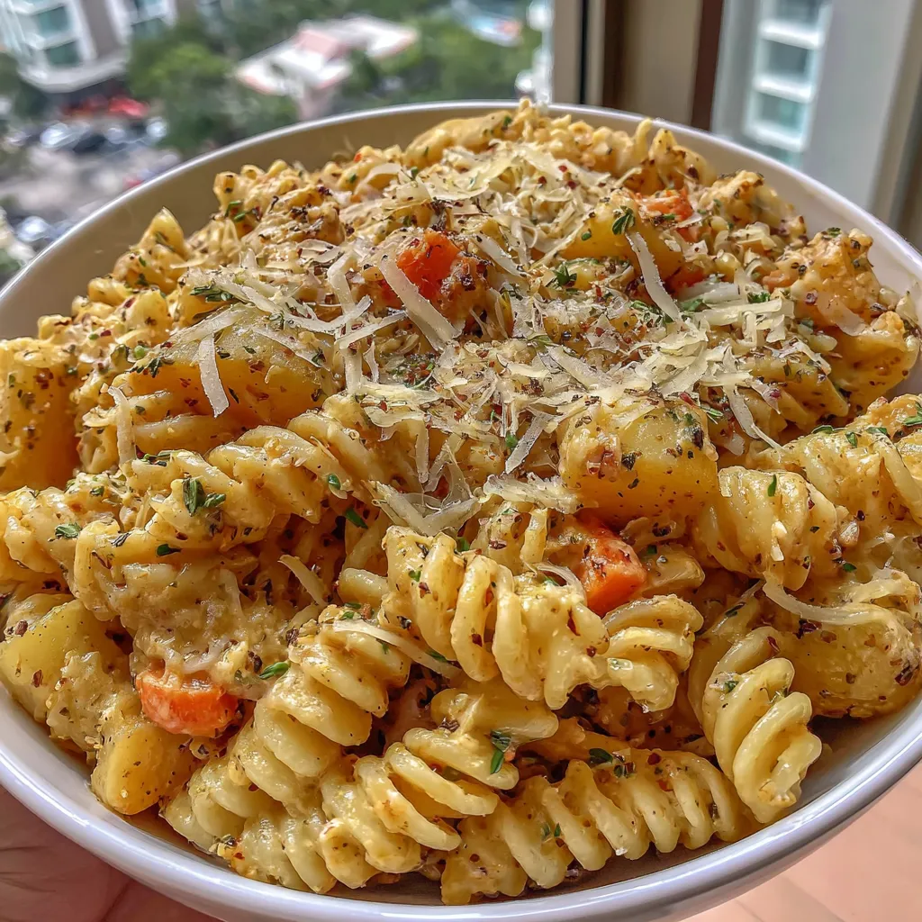 Ein weißer Teller mit Pasta und Zwiebeln.