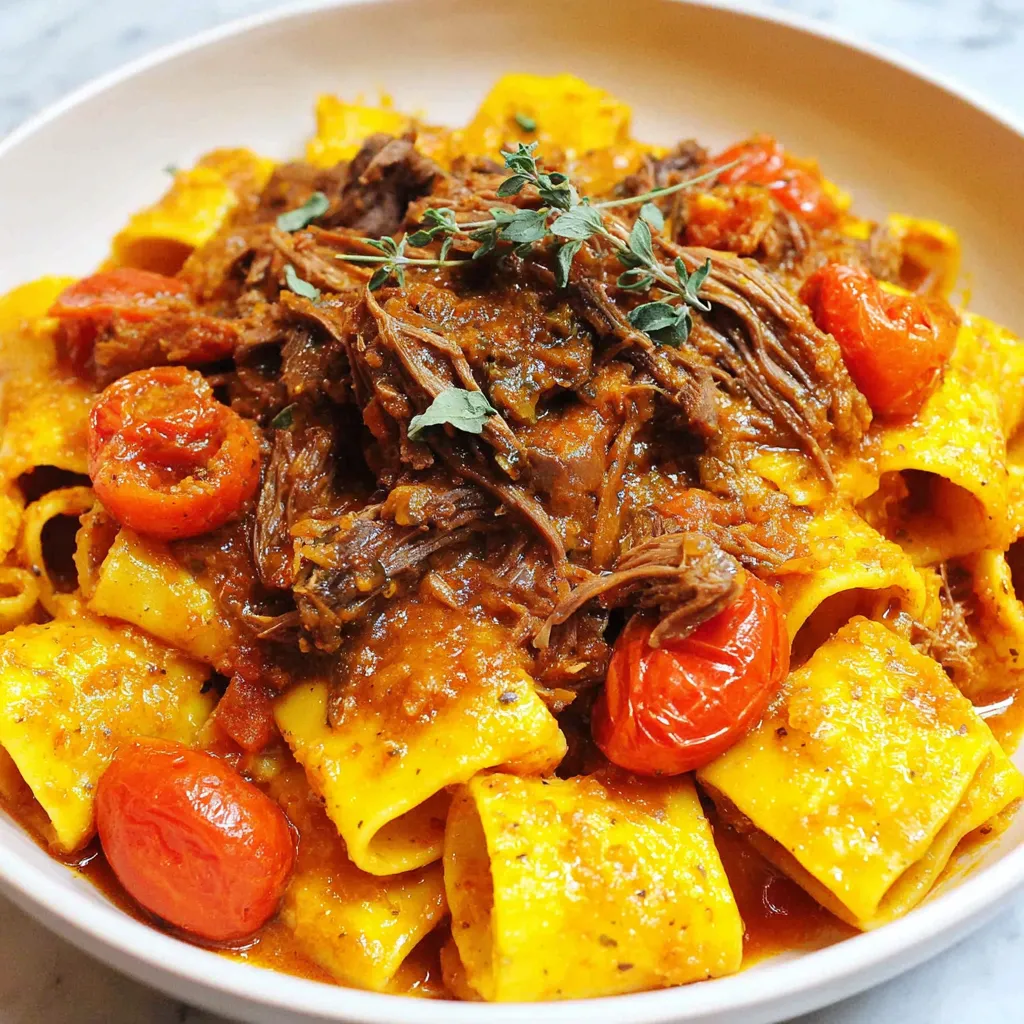 Ein weißer Teller mit einer Mischung aus Pasta, Tomaten, Zwiebeln und Fleisch.