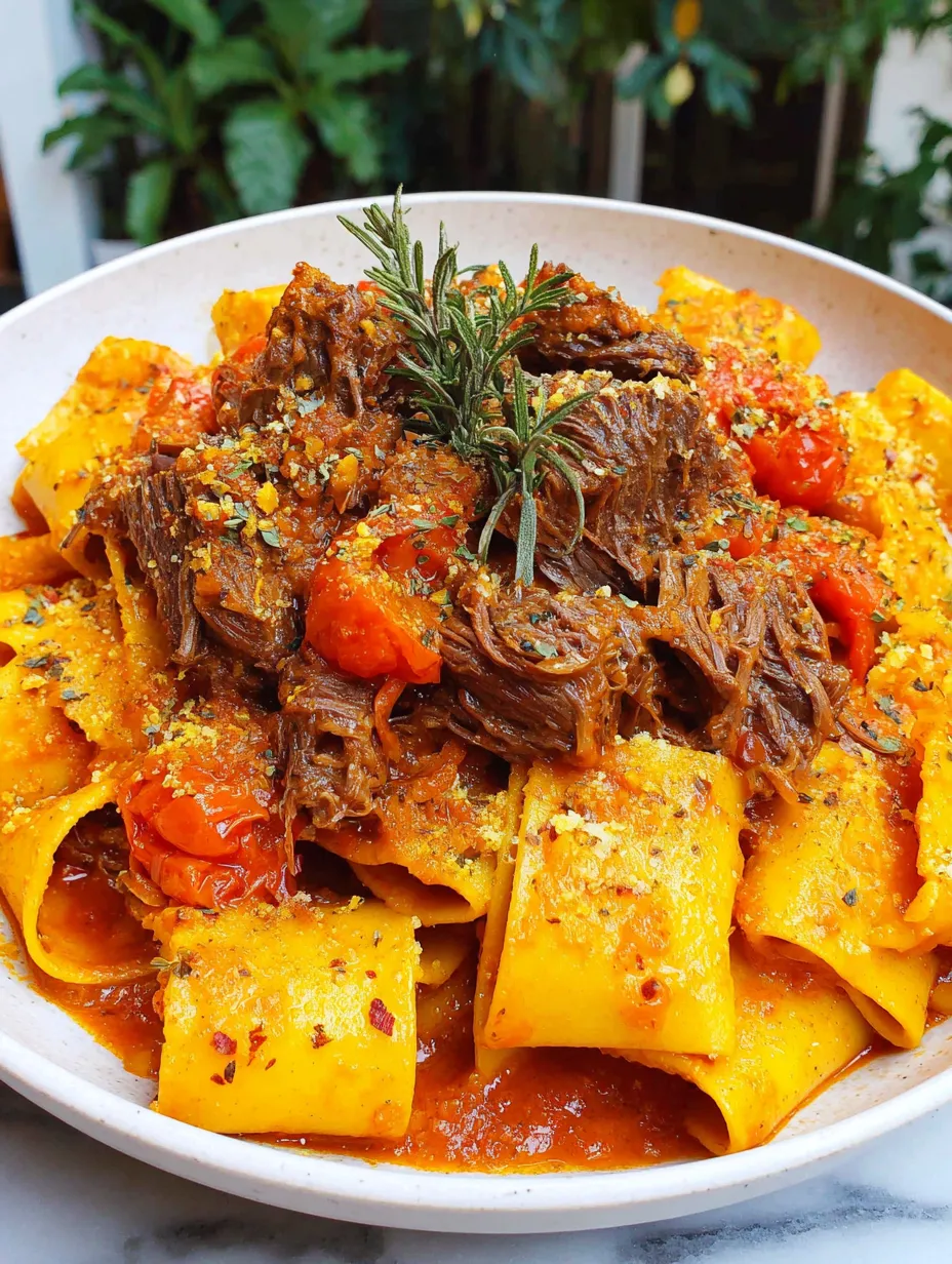 Ein weißer Teller mit einer Mischung aus Pasta, Fleisch und Gemüse.