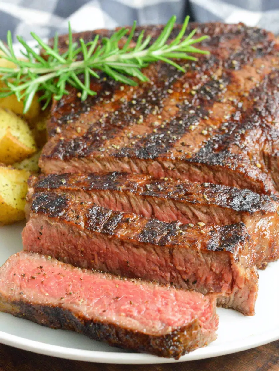 Eine rote Steak auf einem Teller, der mit Parsley garniert ist.