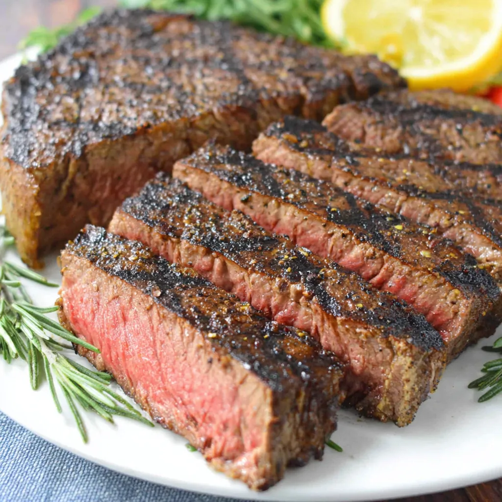 Ein weißer Teller mit zwei Stücken Rindfleisch und einer Zitrone.