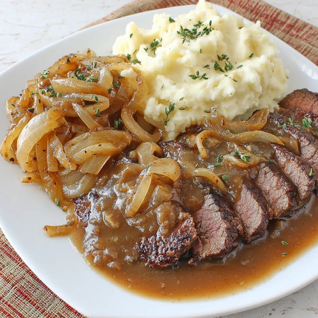 Ein weißer Teller mit Steak, Kartoffeln und Sauce.