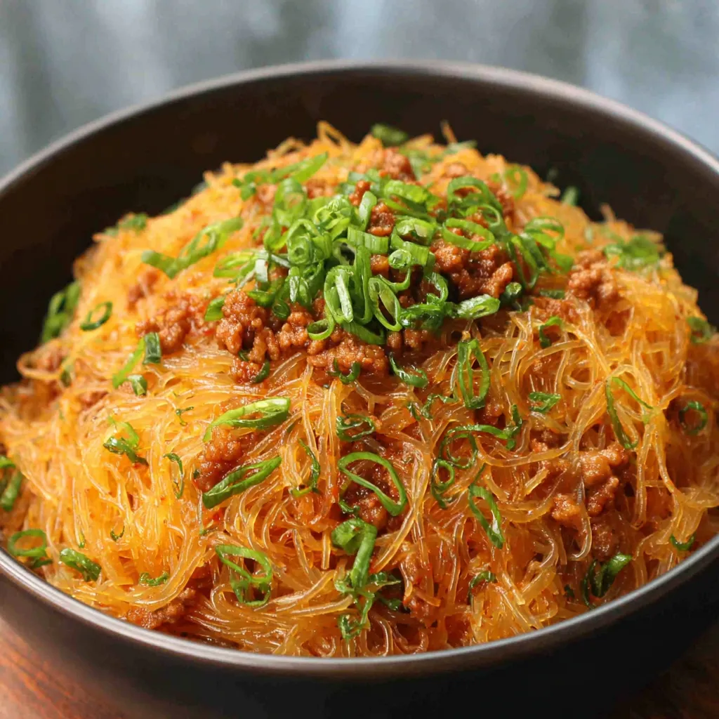 Ein schönes Bild von einer Schüssel mit einer Mischung aus Rindfleisch, Zwiebeln und Noodles.