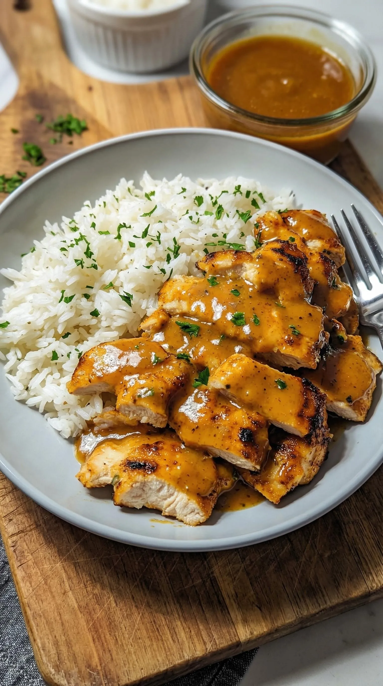 Ein Plate mit Hähnchen in einer Sauce, die aus Honig, Senf und Reis zubereitet wurde.