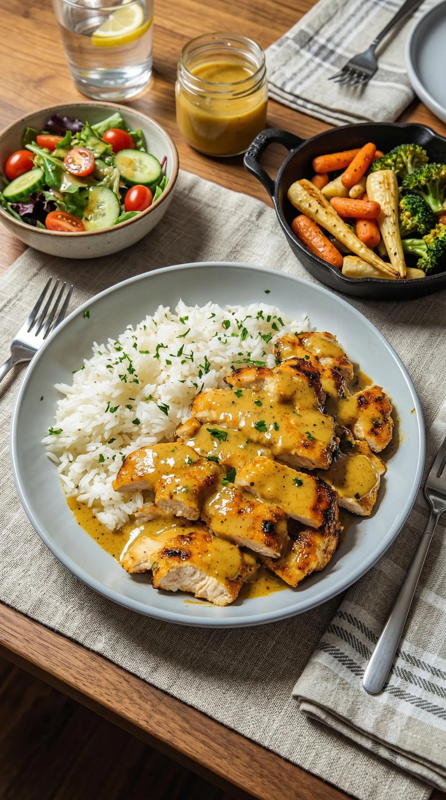 Ein Plate mit Hähnchen in einer Sauce, die mit Reis und Senf garniert ist.