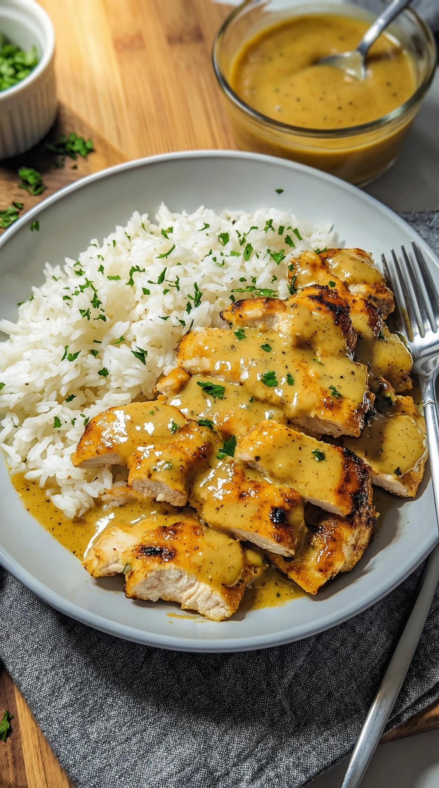 Ein Plate mit Hähnchen in einer Sauce, die aus Honig, Senf und Reis besteht.