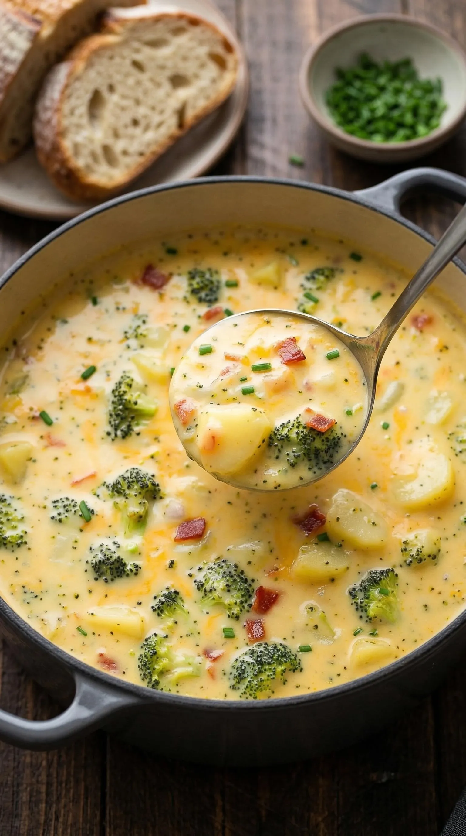 Eine Schüssel mit einer cremigen Suppe, die mit Käse und Kartoffeln zubereitet wurde.