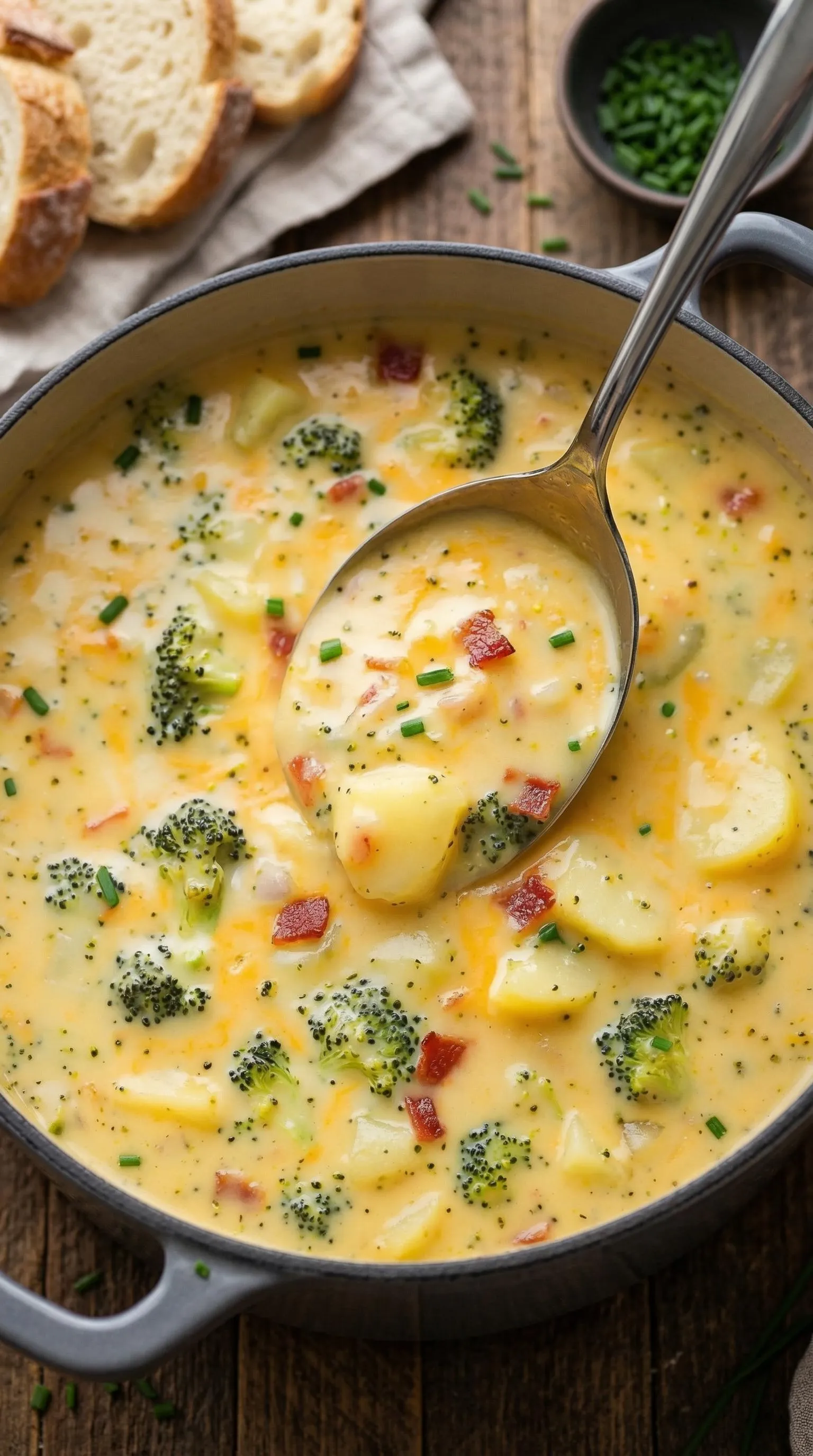 Eine Sch&uuml;ssel mit einer cremigen Suppe, die mit K&auml;se und Kartoffeln zubereitet wurde.