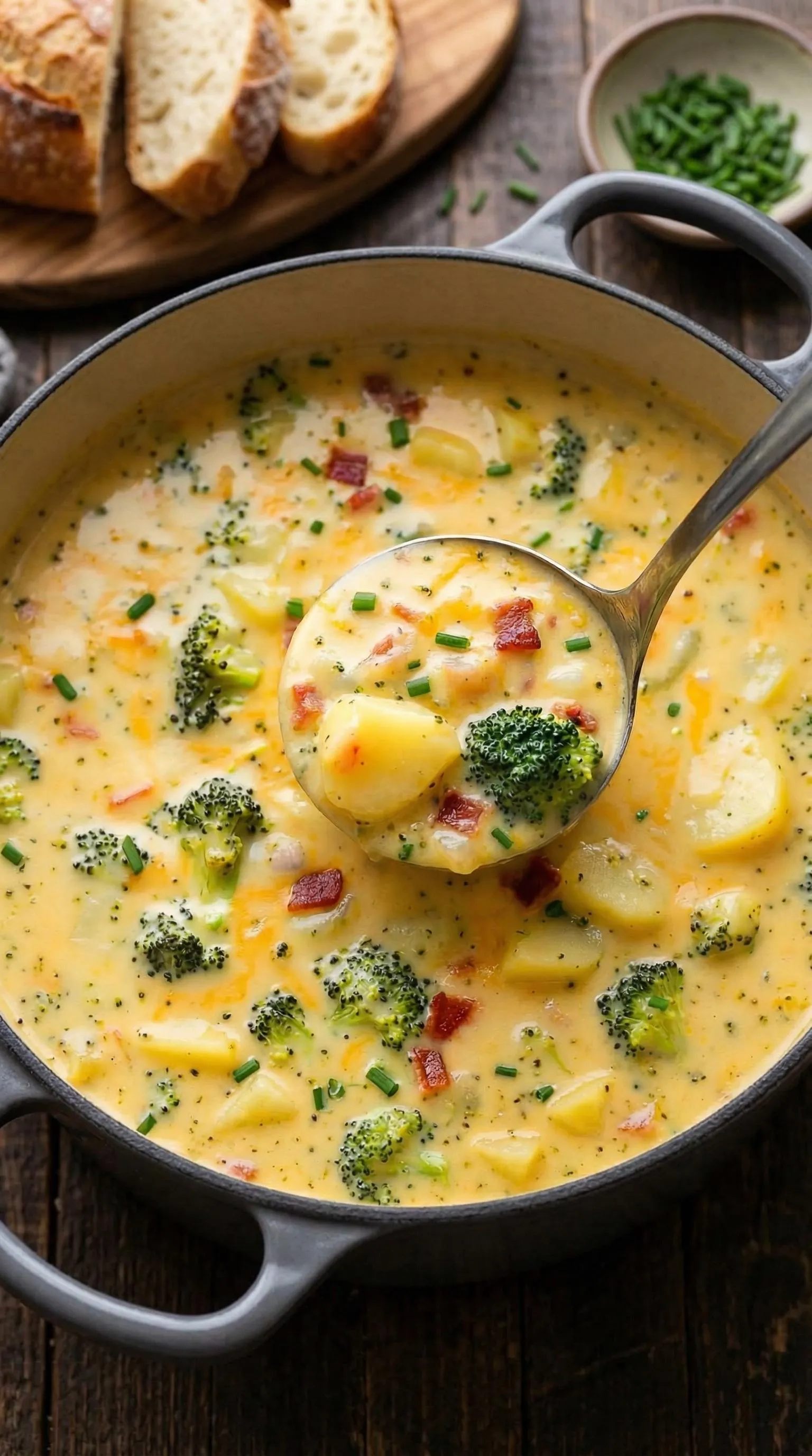 Sch&uuml;ssel mit einer cremigen Suppe, die mit K&auml;se und Kartoffeln zubereitet wurde.