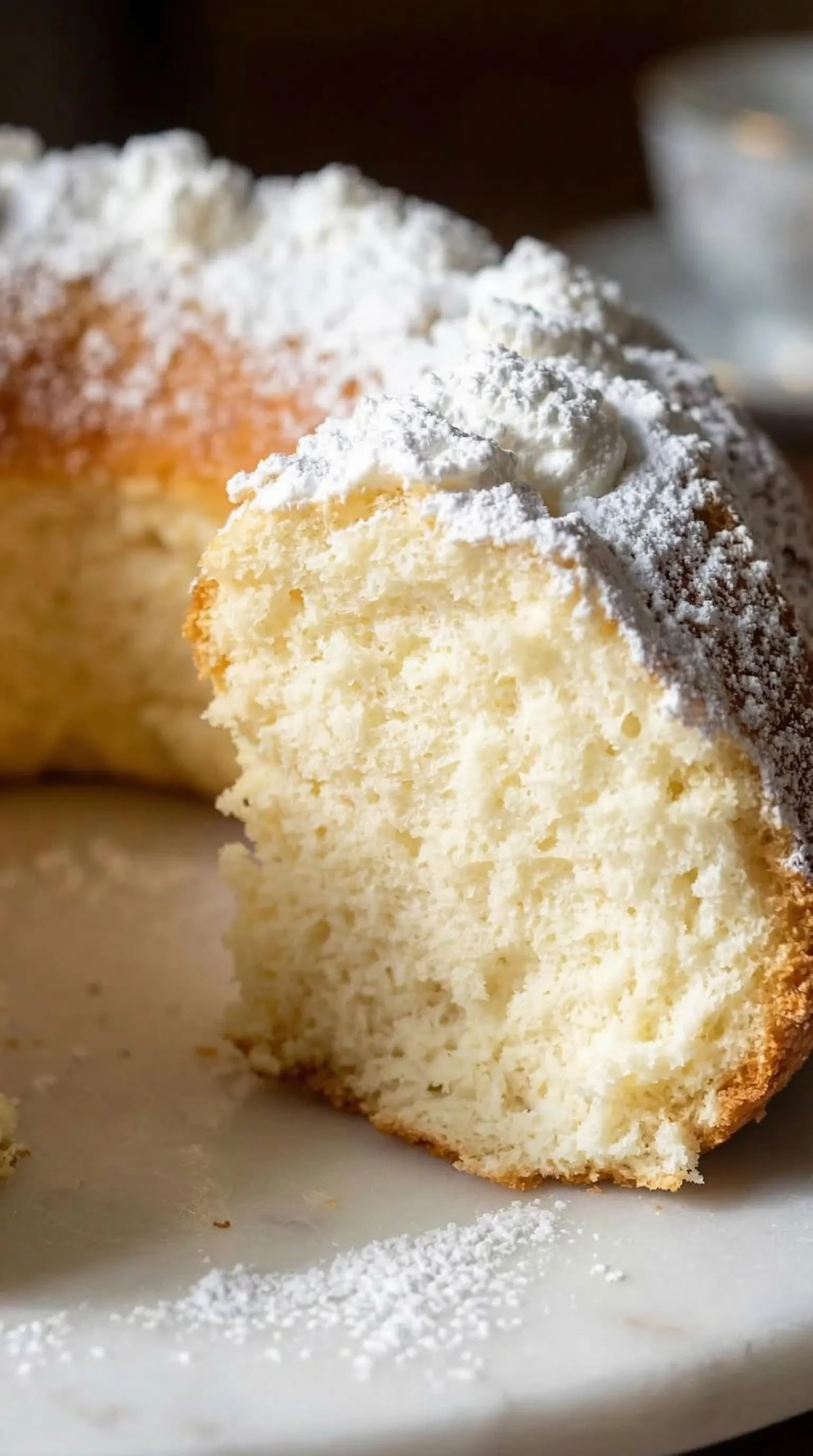 Ein Stück von einem ultracremigen Zitronen-Joghurtkuchen, der mit Zucker bestreut ist.