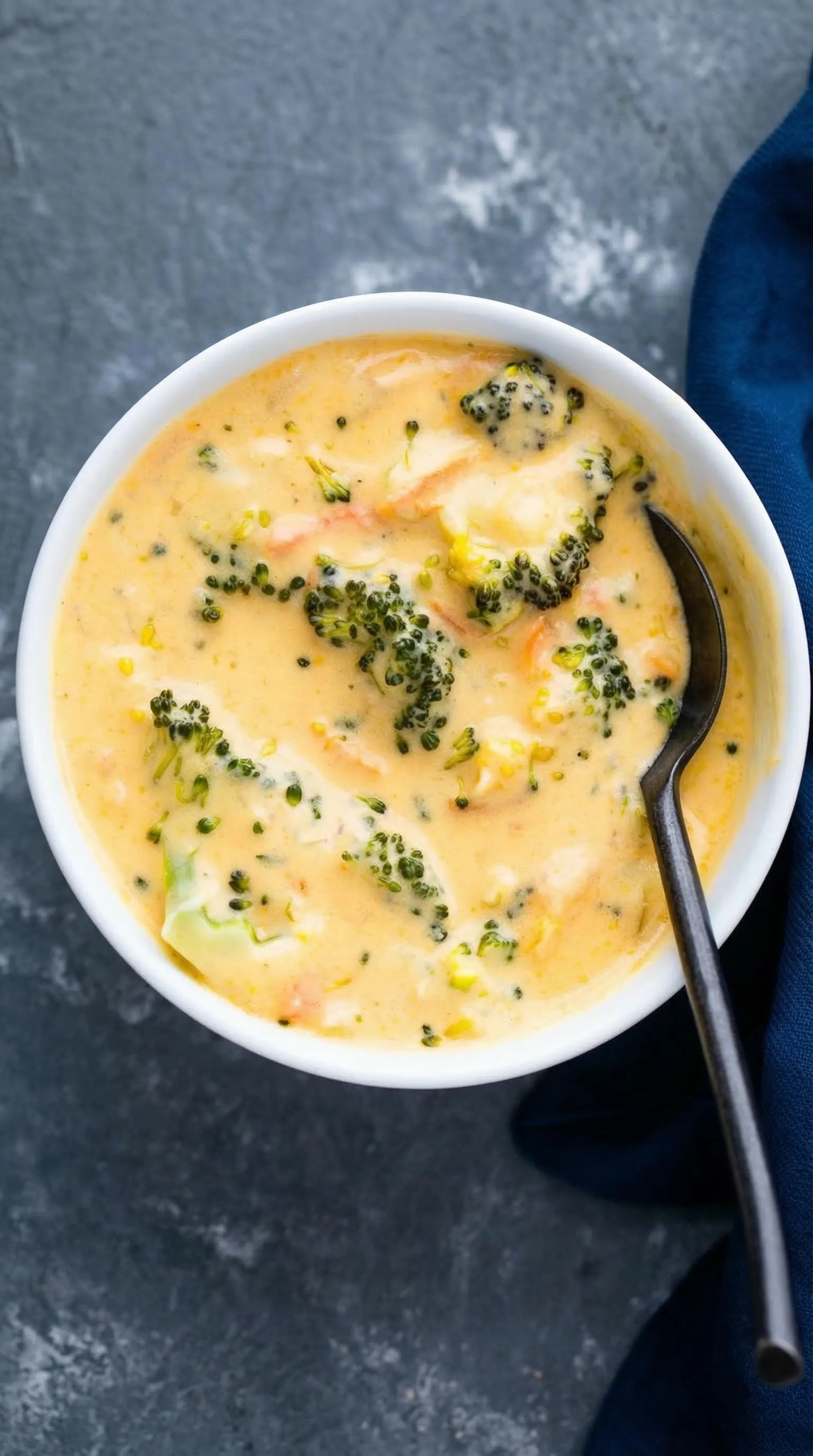 Ein weißer Teller mit einer Suppe, die aus Brokkoli, Käse und Kokosmilch hergestellt wurde.