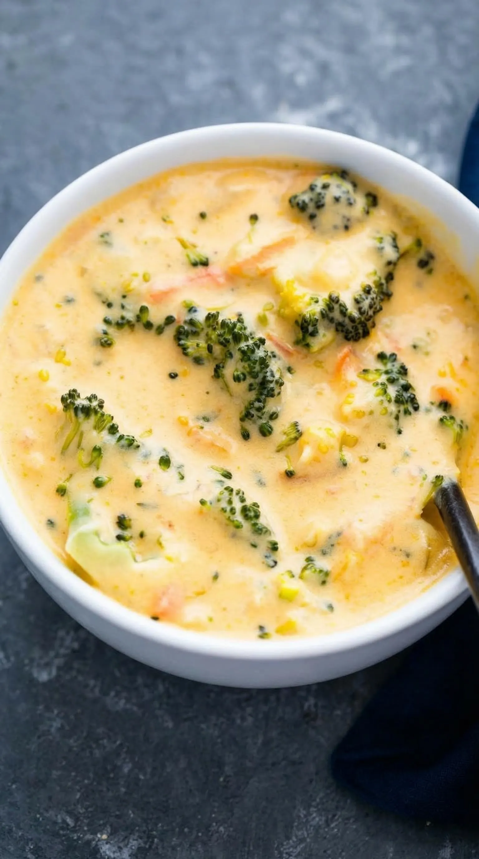 Ein weißer Teller mit einer Suppe, die mit Brokkoli und Käse gefüllt ist.