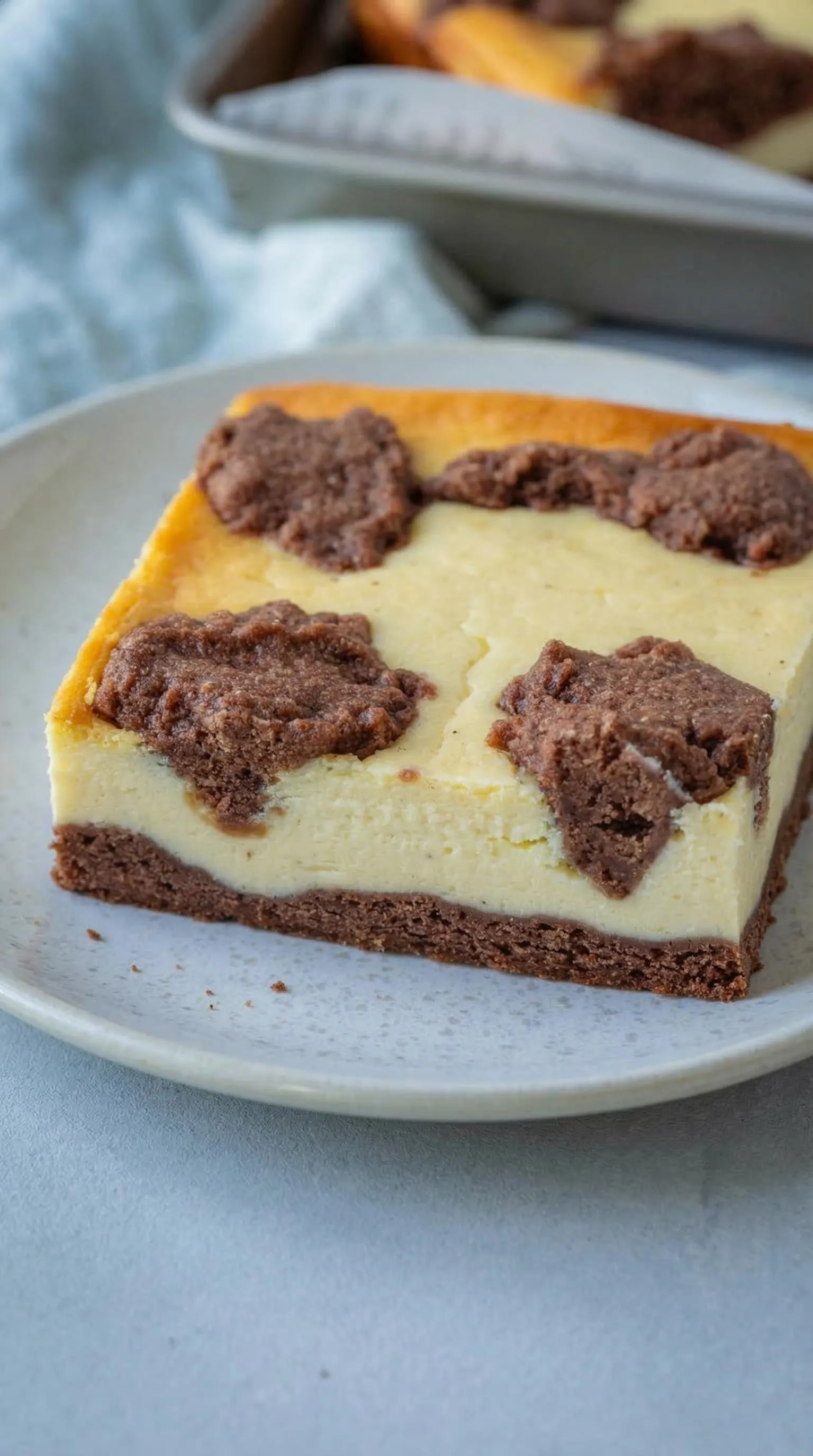 Stück Russischer Zupfkuchen vom Blech auf einem weißen Teller.