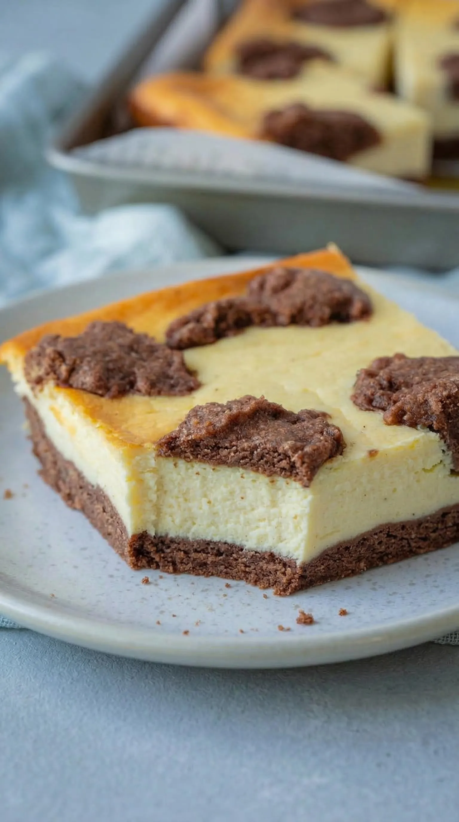 Ein Stück Russischer Zupfkuchen vom Blech auf einem weißen Teller.