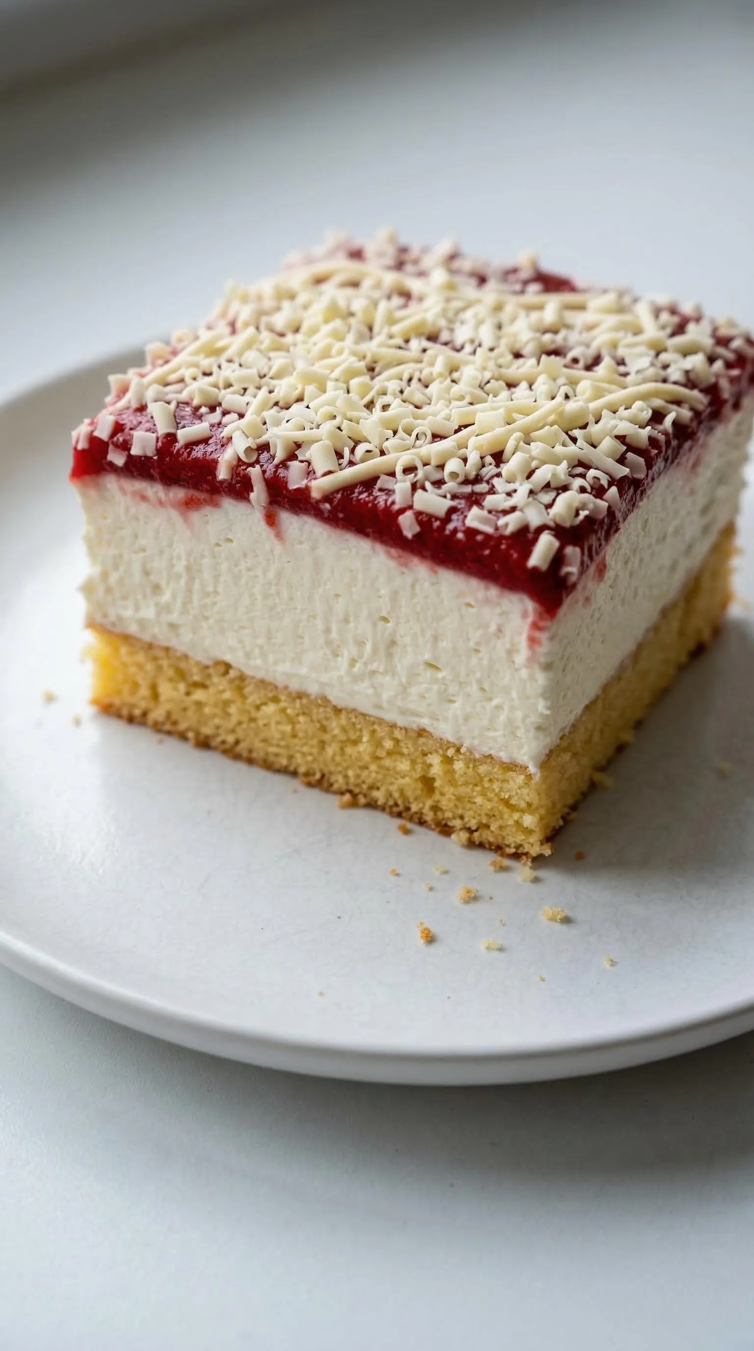 Spaghettieis-Blechkuchen mit einer Schicht aus Sahne und Raspberry-Sauce.