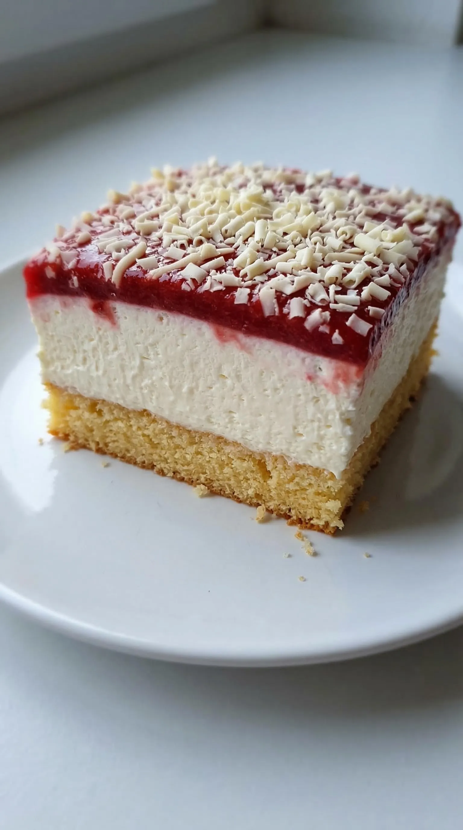 Ein Spaghettieis-Blechkuchen mit einer Schicht aus Sahne und Raspberry-Sauce.