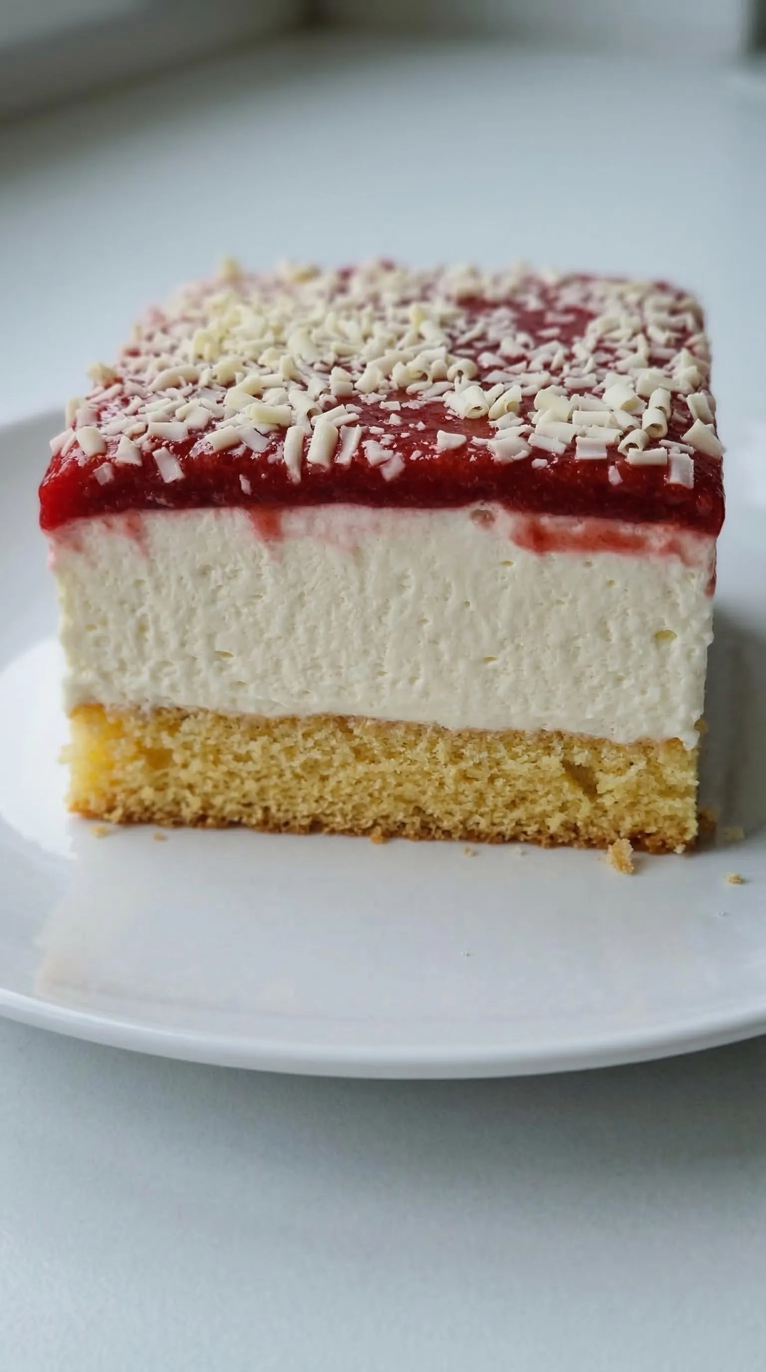 Ein Stück Spaghettieis-Blechkuchen auf einem weißen Teller.