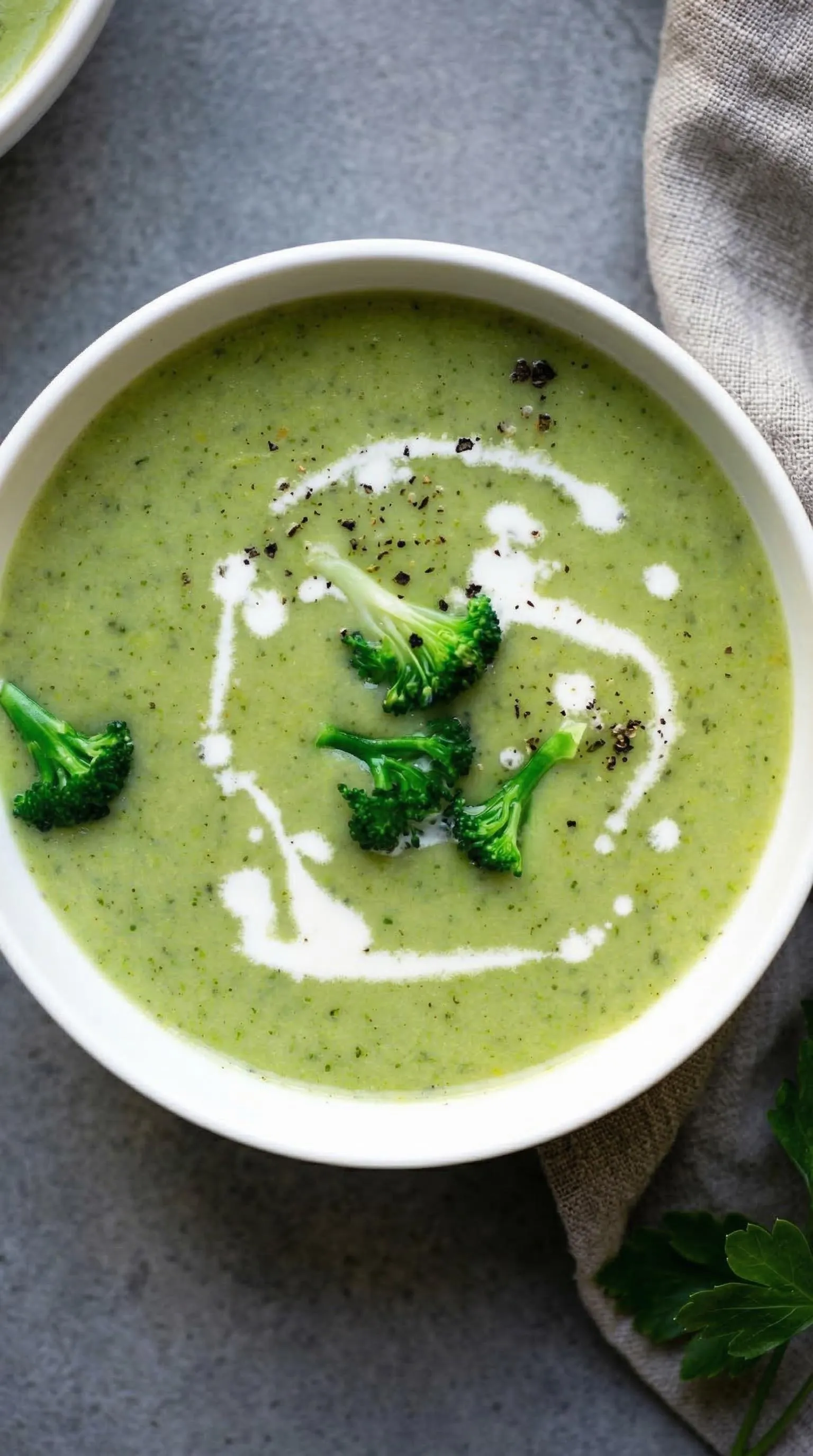 Ein weißer Teller mit einer cremigen Brokkolisuppe, die mit Kartoffeln und Sahne zubereitet wurde.