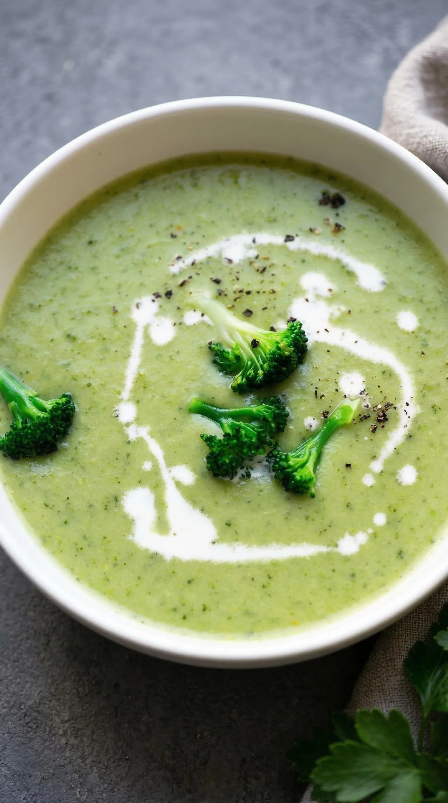 Eine Cremige Brokkolisuppe mit Kartoffeln und Sahne in einem weißen Behälter.