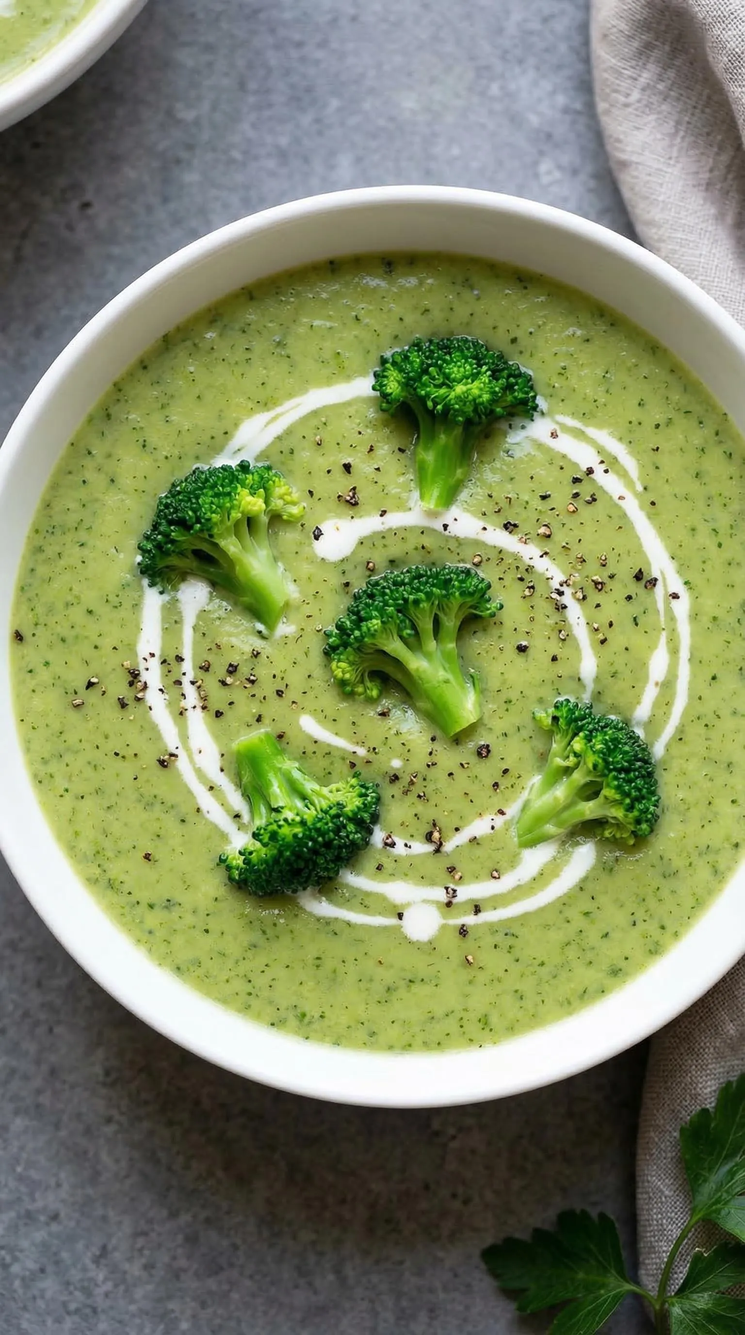 Eine Cremige Brokkolisuppe mit Kartoffeln und Sahne.