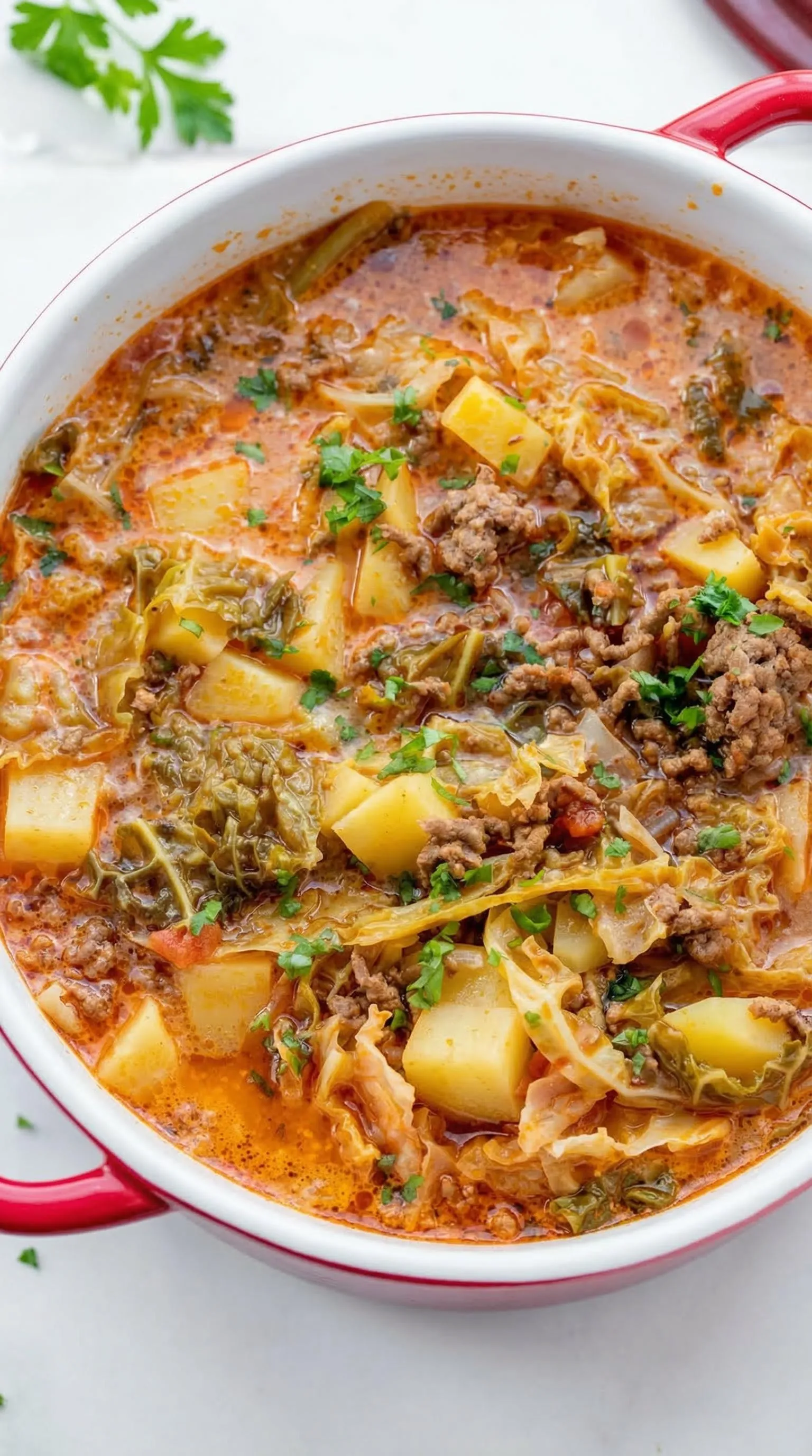 Ein Eintopf mit Hackfleisch und Kartoffeln, der in einem weißen Behälter serviert wird.