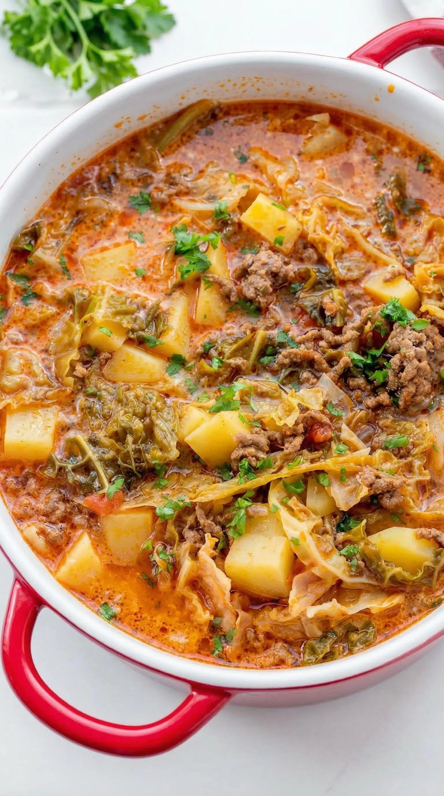 Ein Eintopf aus Wirsing, Hackfleisch und Kartoffeln.
