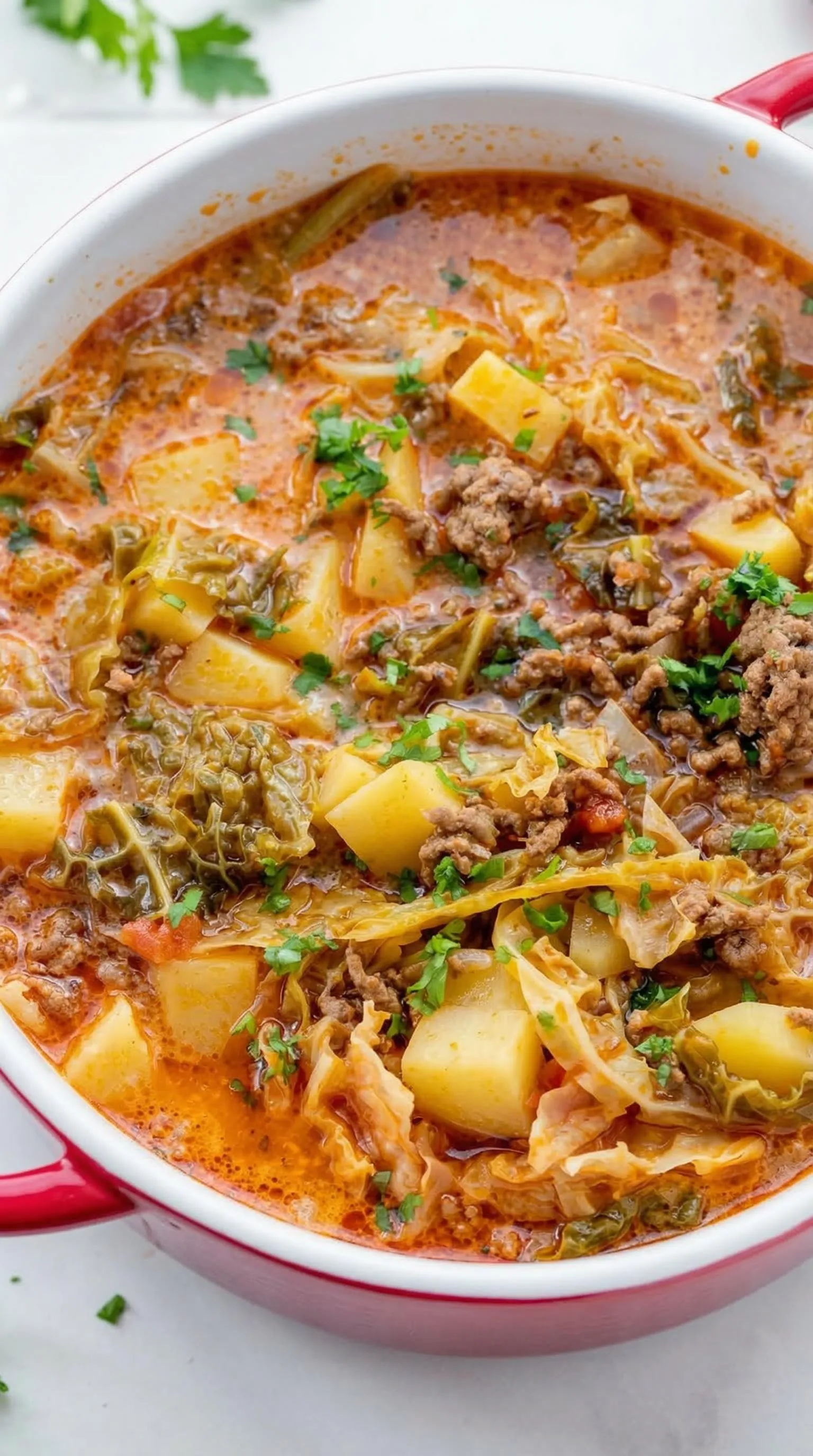 Ein Eintopf aus Wirsing, Hackfleisch und Kartoffeln.