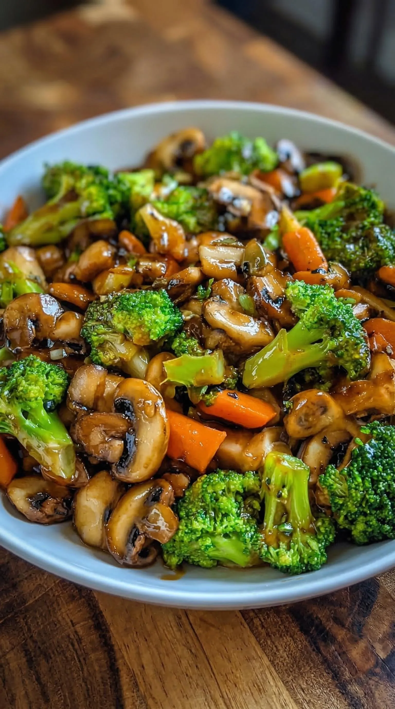 Ein weißer Teller mit einer Mischung aus Champignons, Brokkoli und Karotten.