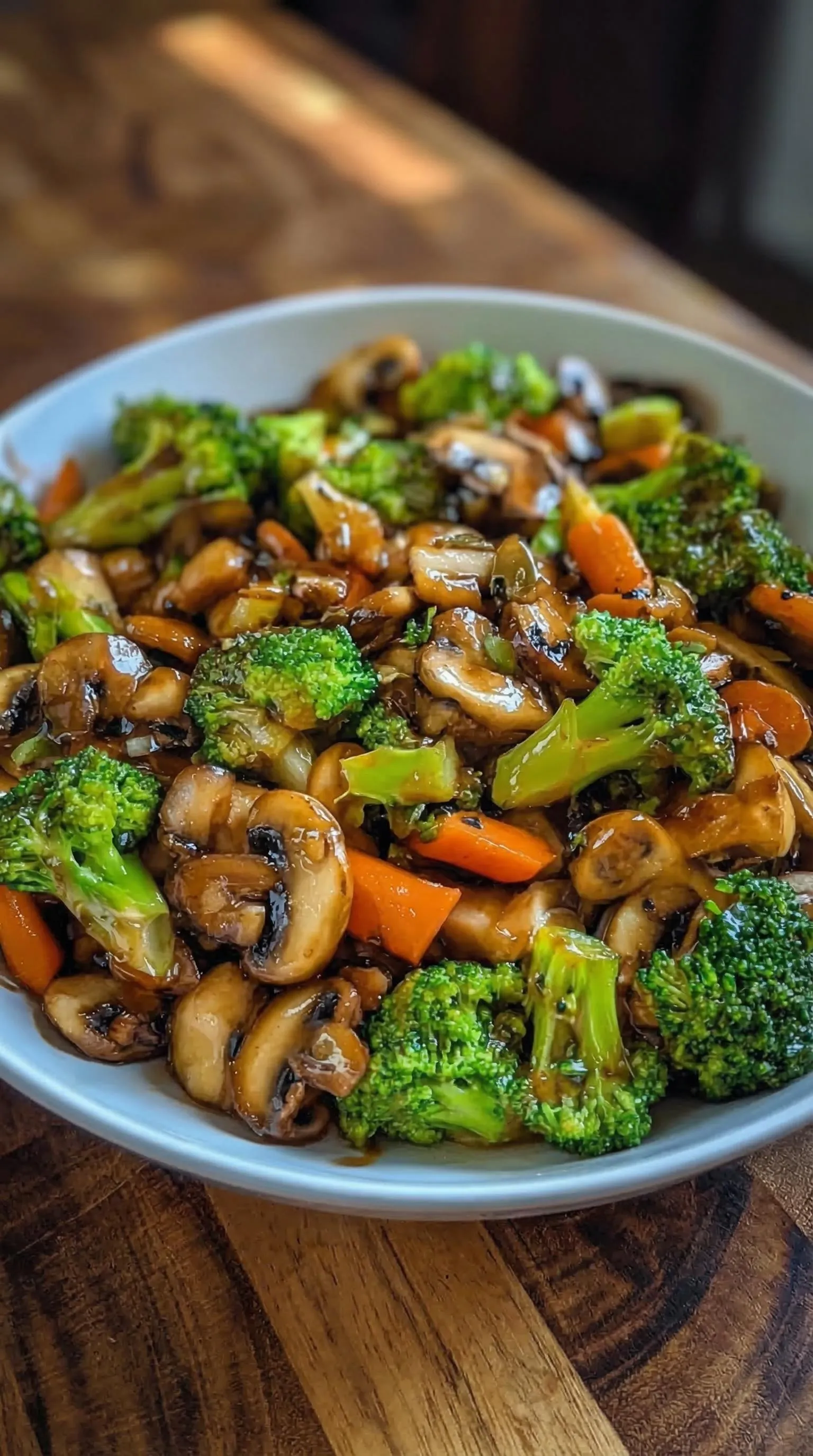 Ein weißer Teller mit einer Mischung aus Champignons, Brokkoli und Karotten.