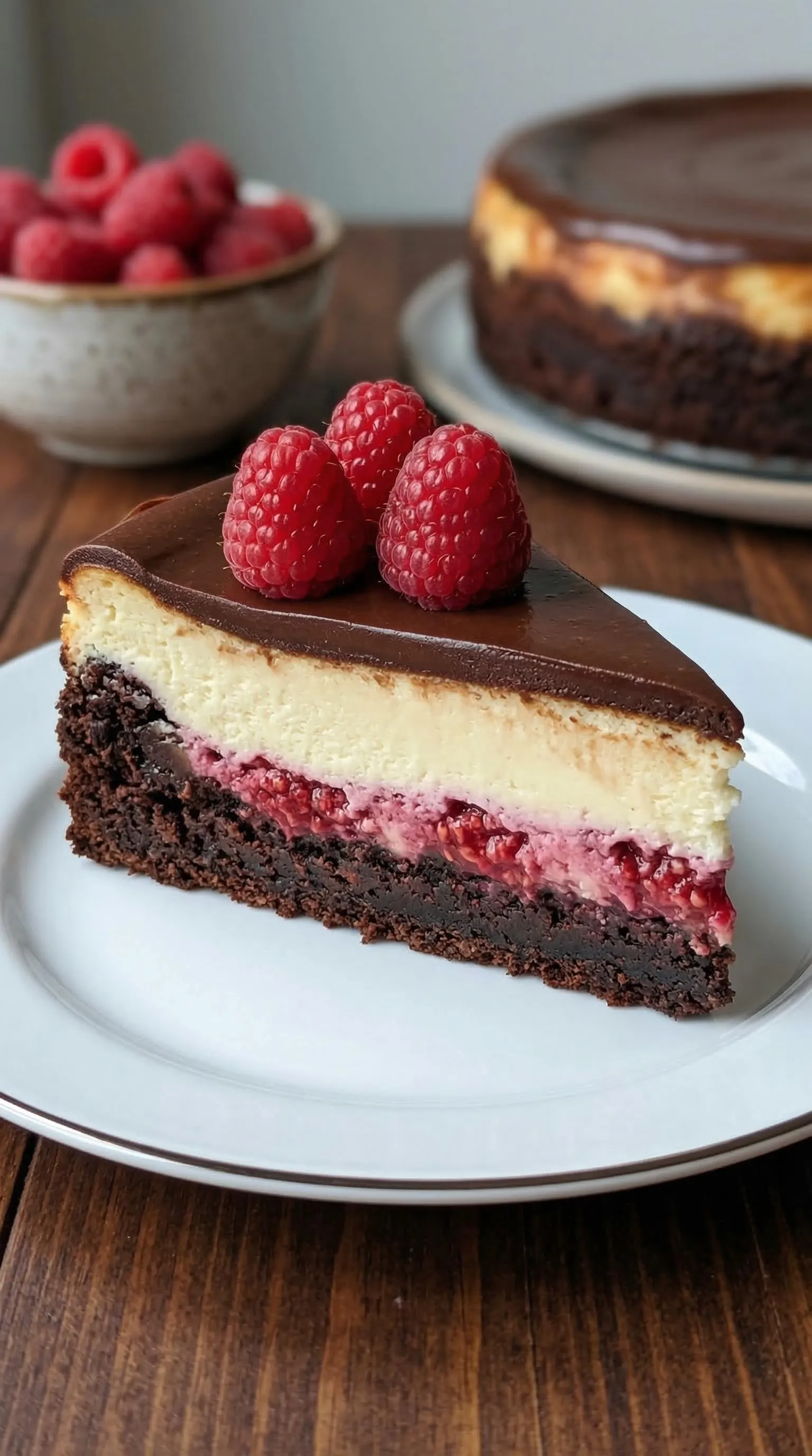 Ein Stück Himbeer-Brownie-Cheesecake auf einem weißen Teller.