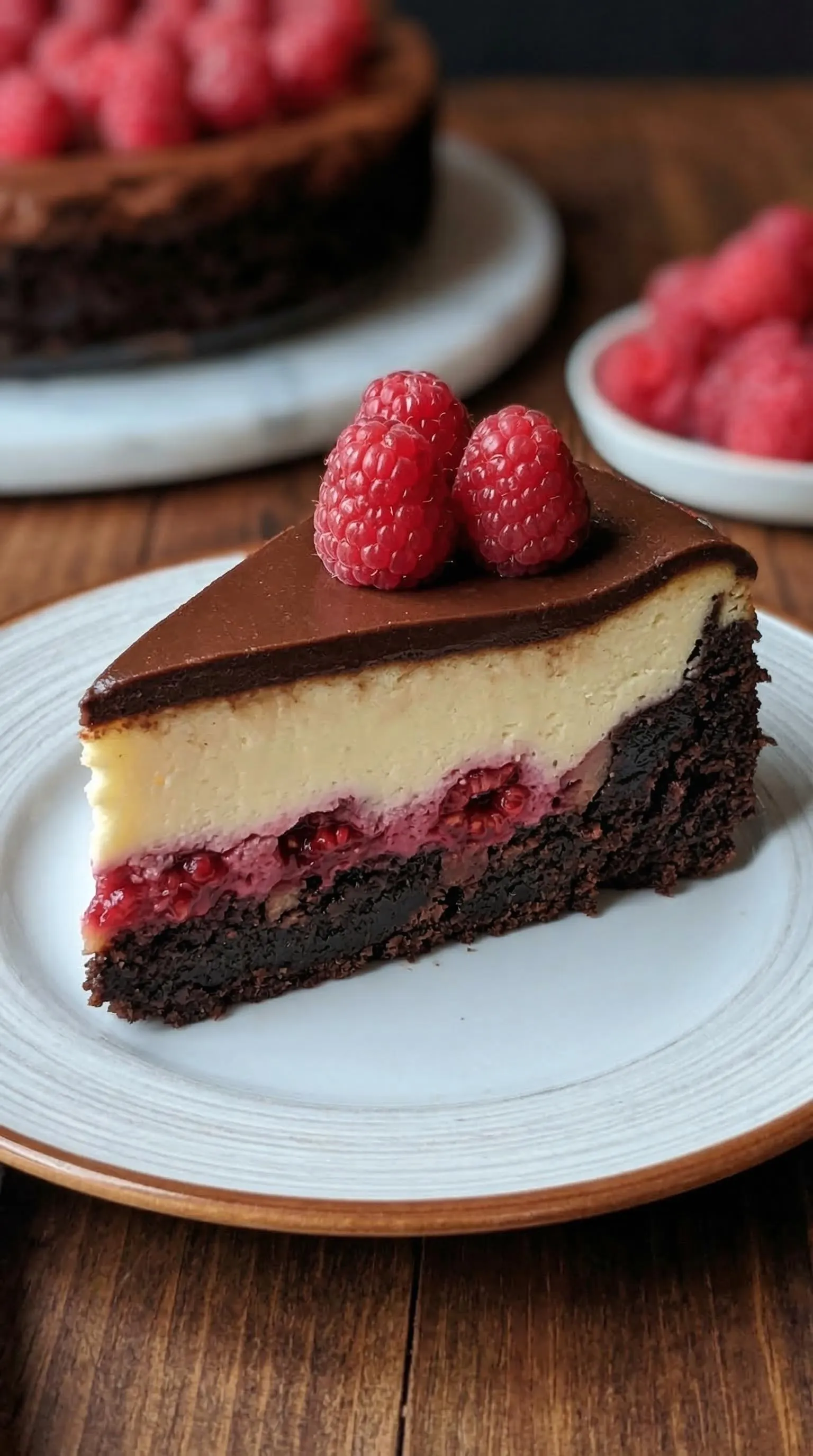 Eine Schokoladen-Himbeer-Brownie-Cheesecake auf einem weißen Teller.
