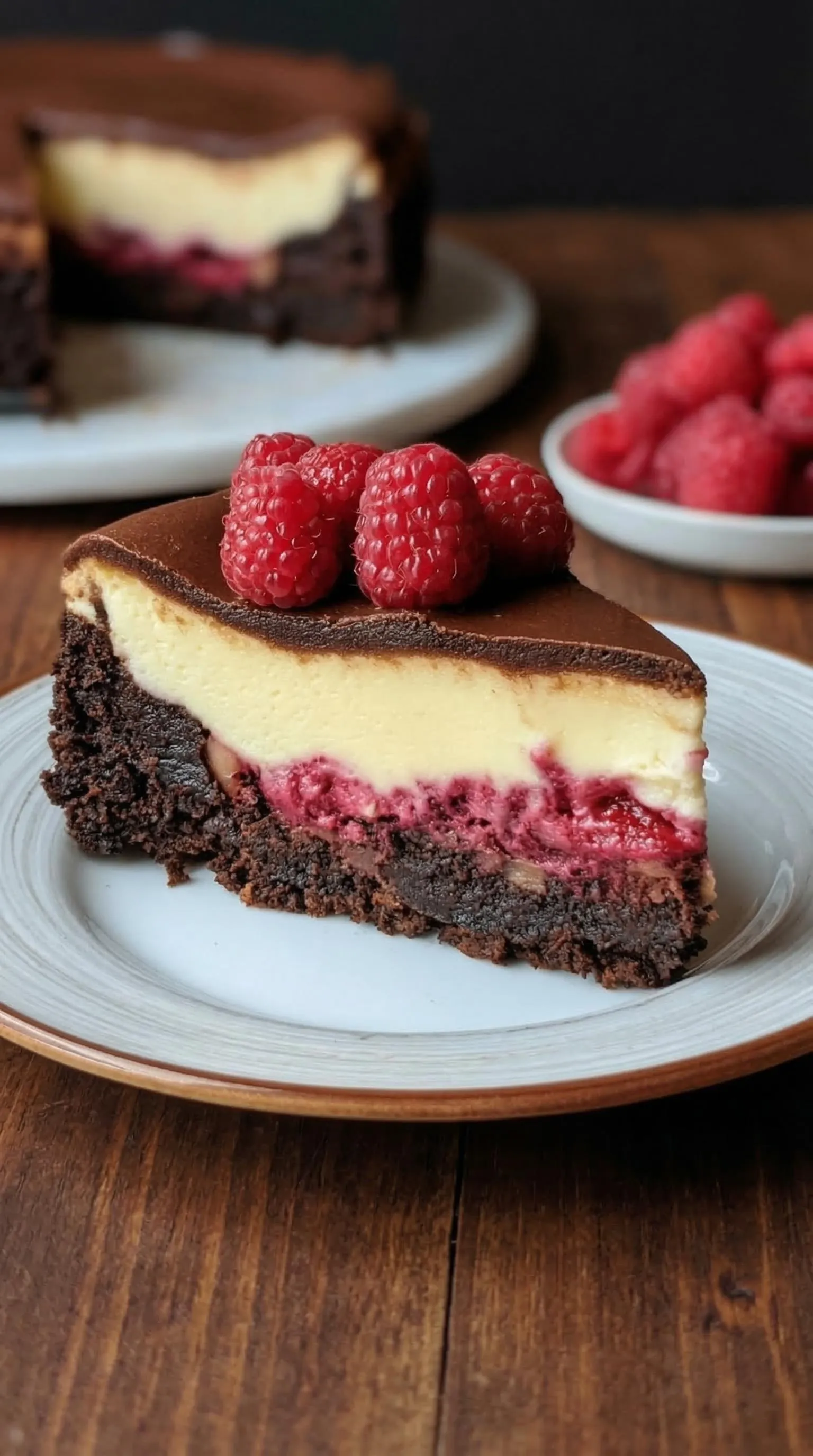 Eine Schokoladencake mit Raspberry-Topping auf einem Teller.